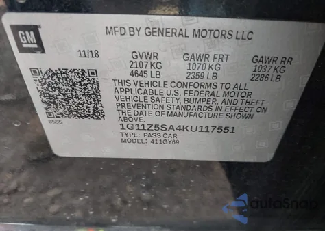 2019 Chevrolet Impala Lt z USA, uszkodzony, nr VIN 1G11Z5SA4KU117551